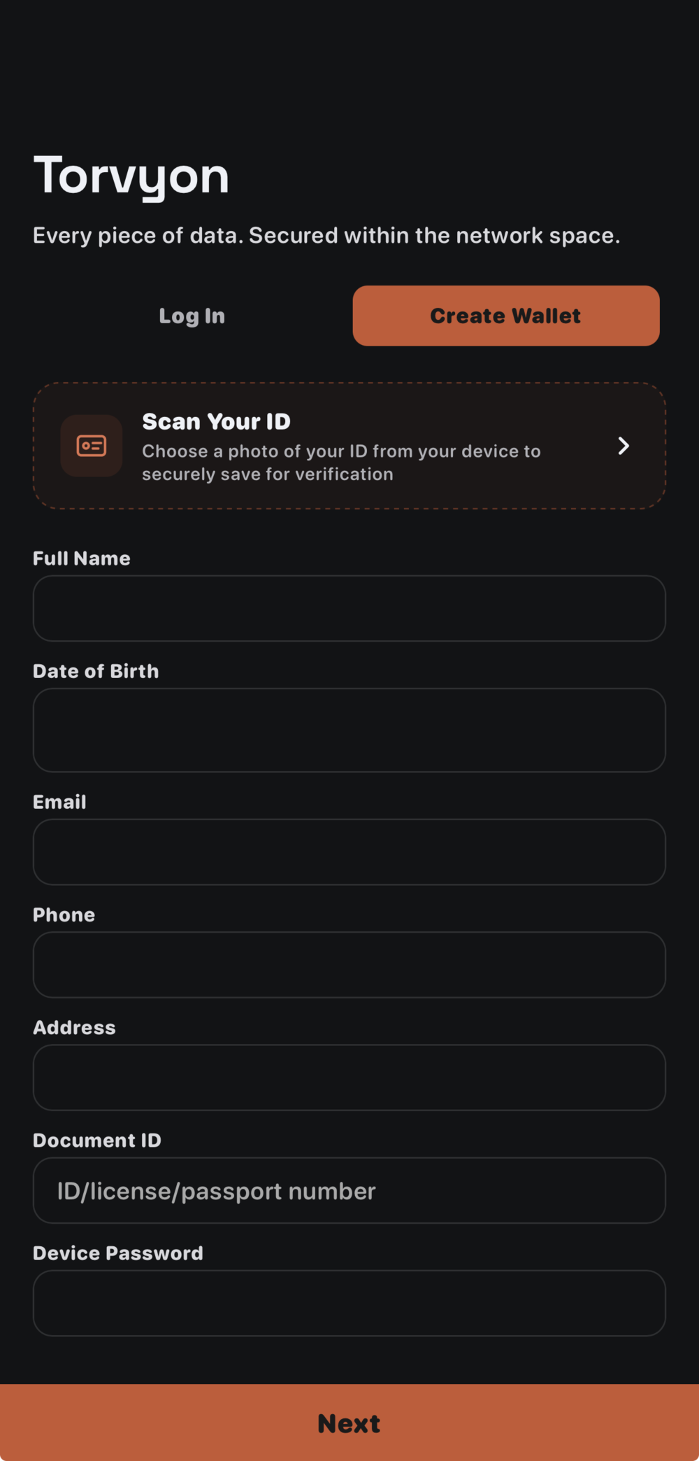 Torvyon Wallet desktop app create-account form